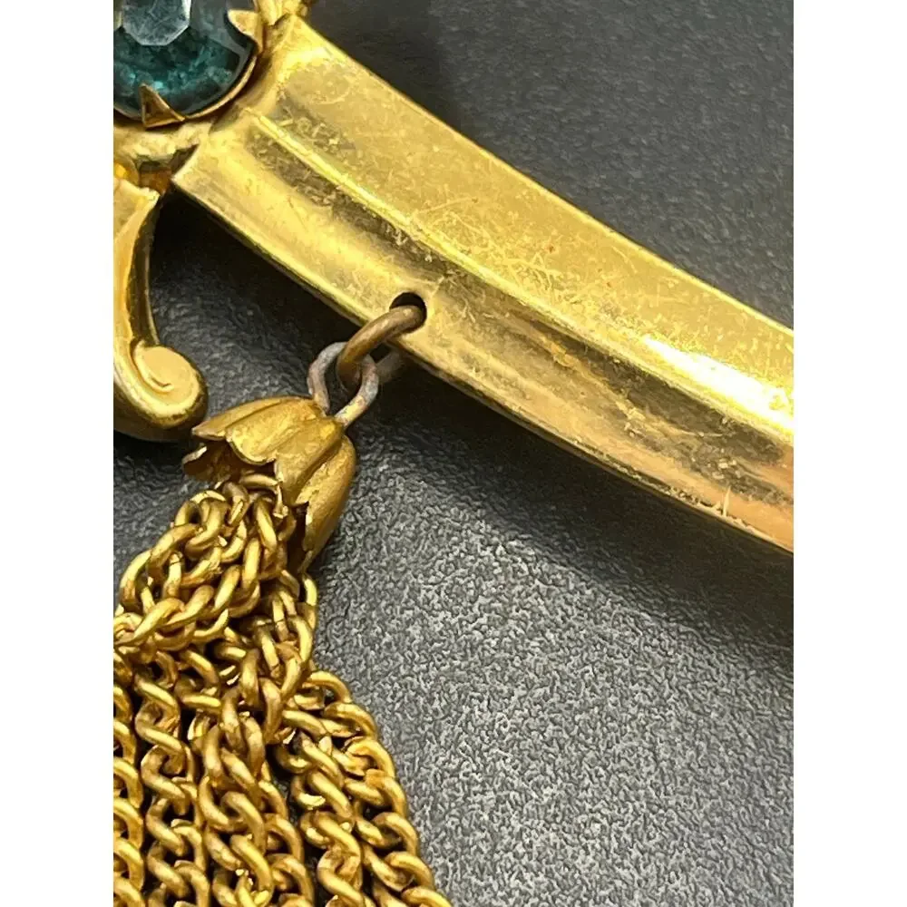 Coro Vintage Signed Gold‎ Tone Sword Dagger Brooch With Tassels and Green Stone